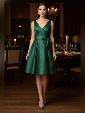 Donna Morgan Satin Emerald Green Midi Dress with Waist Sash New